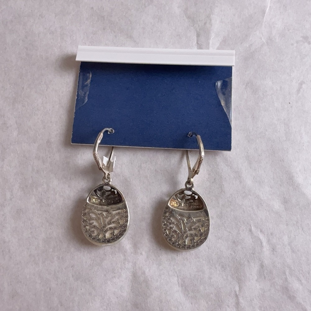 Sterling Silver 925 Oval Tree Leverback Dangle Drop Earrings Womens Nature